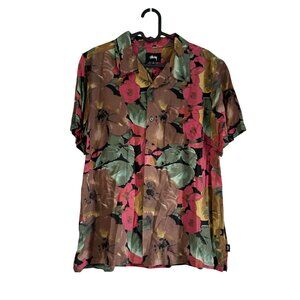 Stussy Multicolor Hawaiian Floral Short Sleeve Button Shirt Mens Size Medium